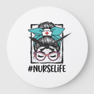 Nurse Life Messy Bun Rainbow Bow Vector Design_1 Large Clock
