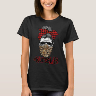 Nurse Life Skull Leopard Face Mask Messy Bun Hallo T-Shirt