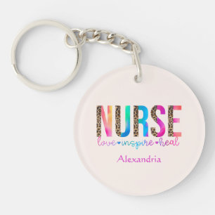 "Nurse - Love, Inspire, Heal" in Rainbow Colour Key Ring