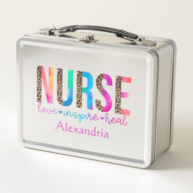 "Nurse - Love, Inspire, Heal" in Rainbow Colour Metal Lunch Box (Front)