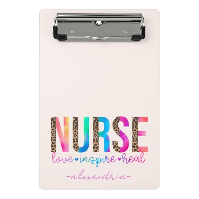 "Nurse - Love, Inspire, Heal" in Rainbow Colour Mini Clipboard (Front)