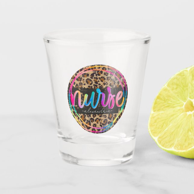 "Nurse - Love, Inspire, Heal" in Rainbow Colour Shot Glass (Front)