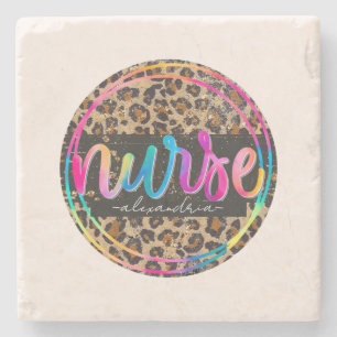 "Nurse - Love, Inspire, Heal" in Rainbow Colour Stone Coaster