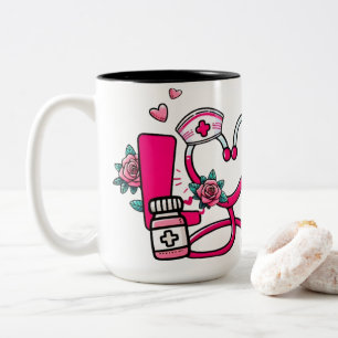 Nurse Love Pink Floral Stethoscope Medical Profess Two-Tone Coffee Mug