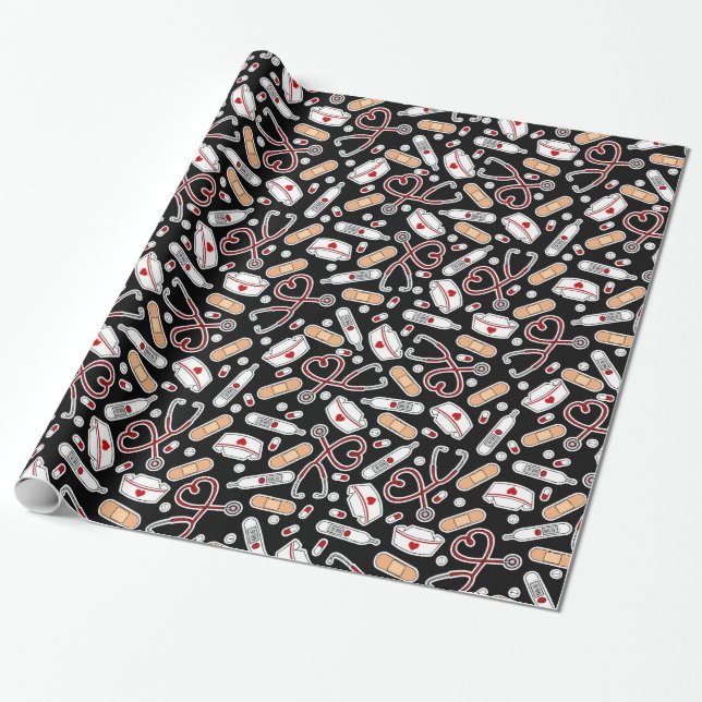 Nurse Love Print Black Background Wrapping Paper (Unrolled)