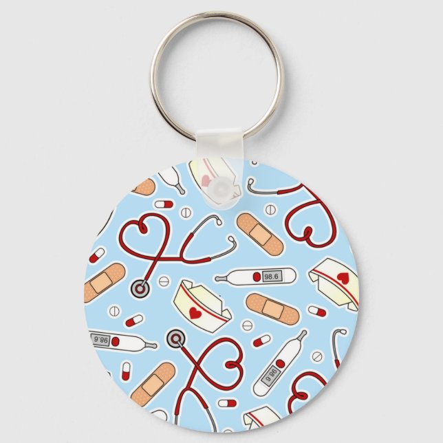 Nurse Love Print Blue Background Key Ring (Front)