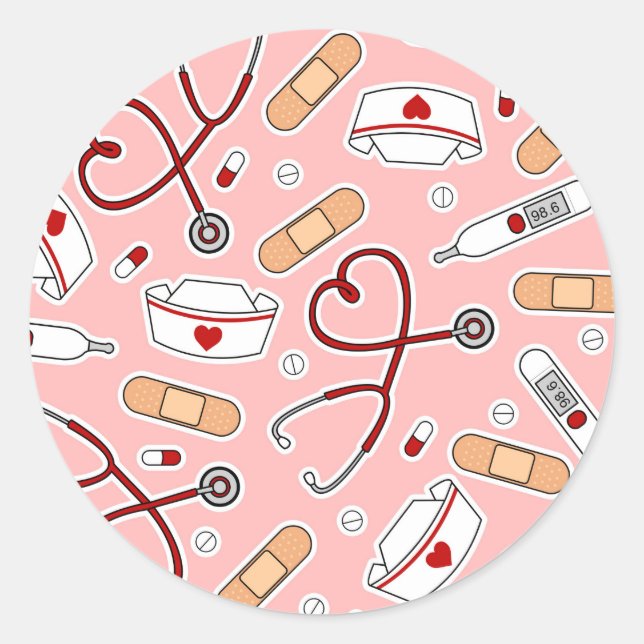Nurse Love Print Pink Background Classic Round Sticker (Front)