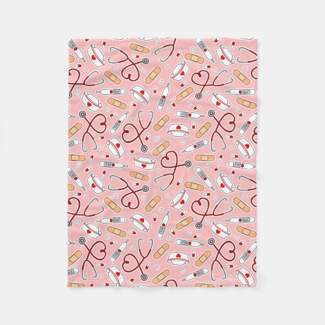 Nurse Love Print Pink Background Fleece Blanket (Front)