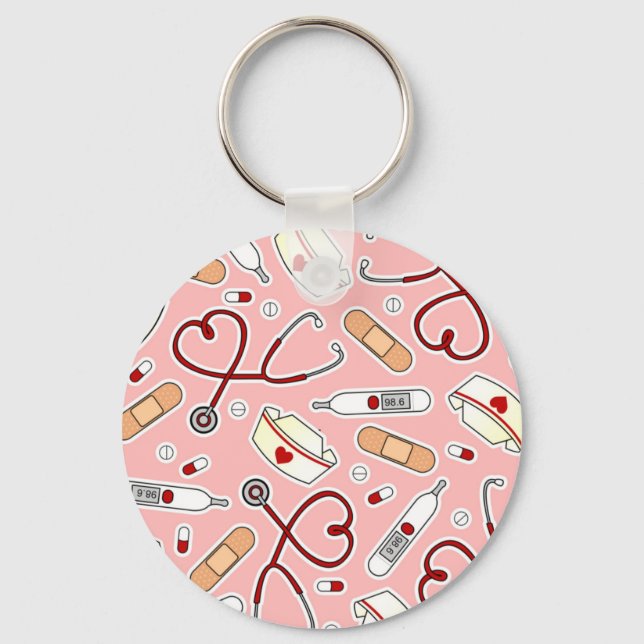 Nurse Love Print Pink Background Key Ring (Front)
