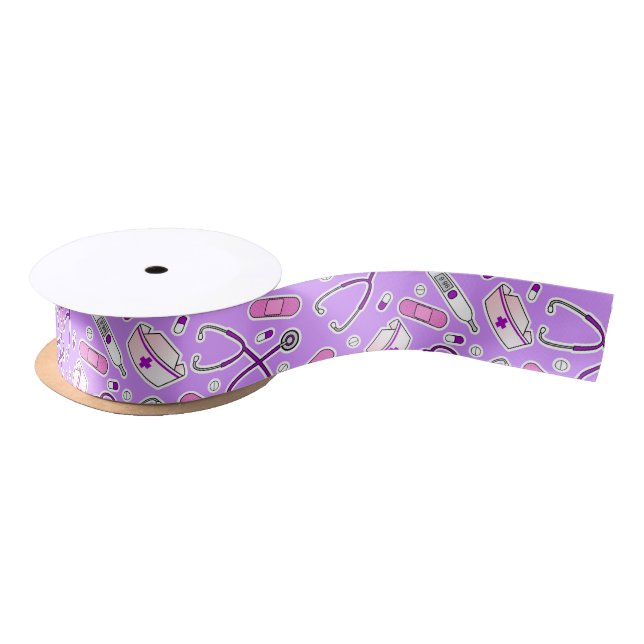 Nurse Love Print Purple Background Satin Ribbon (Spool)
