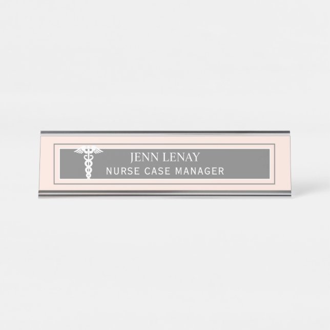 Nurse Manager Medical Caduceus Blush Pink Custom Desk Name Plate (Front)