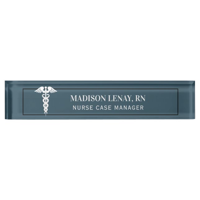Nurse Manager Medical Caduceus Dusty Blue Custom Nameplate (Front)
