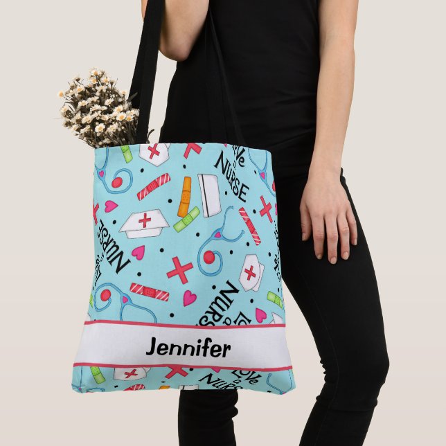 Nurse Medical Art Light Blue Name Personalised Tote Bag (Close Up)