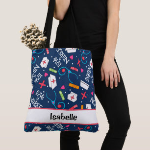 Nurse Medical Art Navy Blue Name Personalised Tote Bag