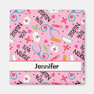 Nurse Medical Art Pink Personalised Name Badge Magnet