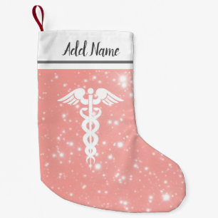 Nurse Medical Caduceus Blush Pink Faux Glitter Small Christmas Stocking