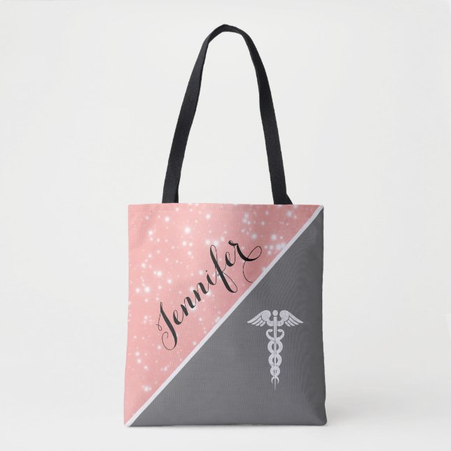 Nurse Medical Caduceus Blush Pink Faux Glitter Tote Bag (Front)