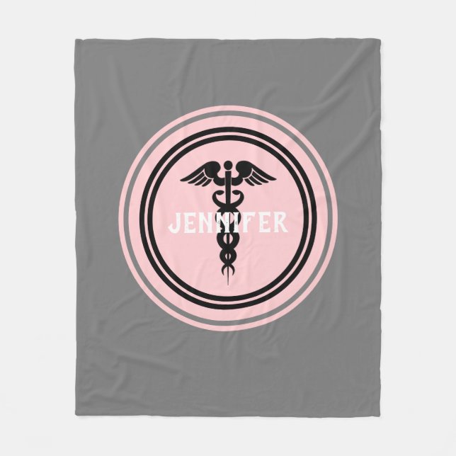 Nurse Medical Caduceus Blush Pink Grey Custom Fleece Blanket (Front)