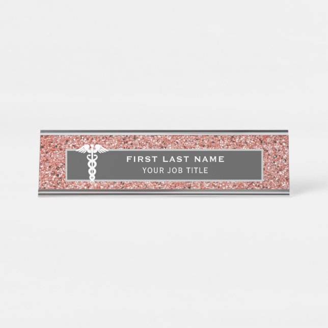 Nurse Medical Caduceus Healthcare Pink Glitter  Desk Name Plate (Front)