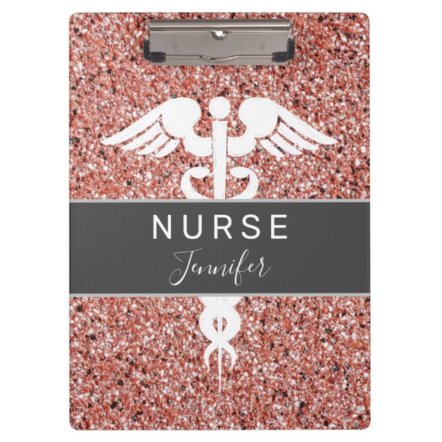 Nurse Medical Caduceus Pink Rose Glitter Name  Clipboard (Front)