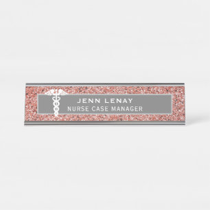 Nurse Medical Caduceus Pink Rose Gold Glitter Desk Name Plate
