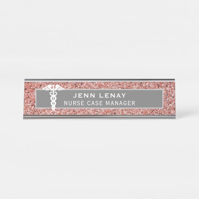 Nurse Medical Caduceus Pink Rose Gold Glitter Desk Name Plate (Front)