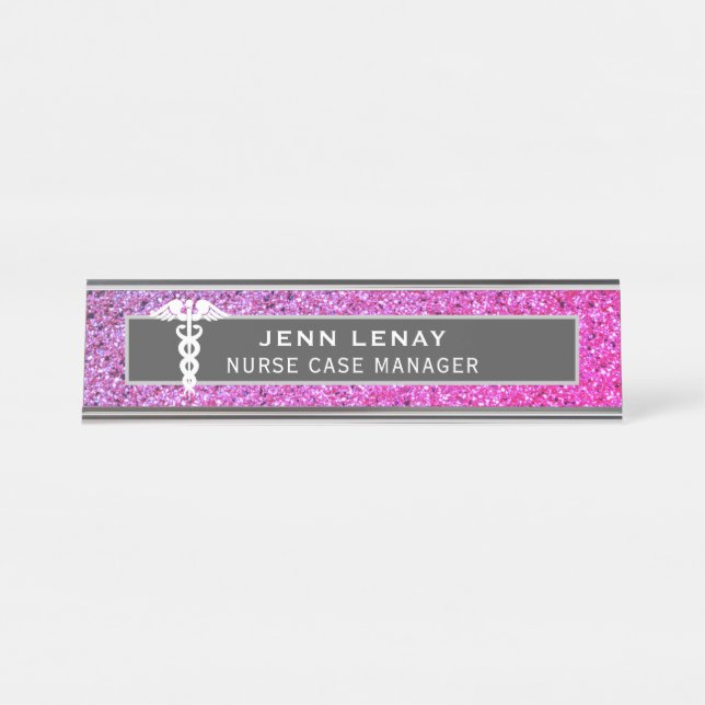 Nurse Medical Caduceus Purple Pink Glitter Custom Desk Name Plate (Front)