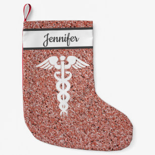 Nurse Medical Caduceus Rose Gold Glitter Name Small Christmas Stocking