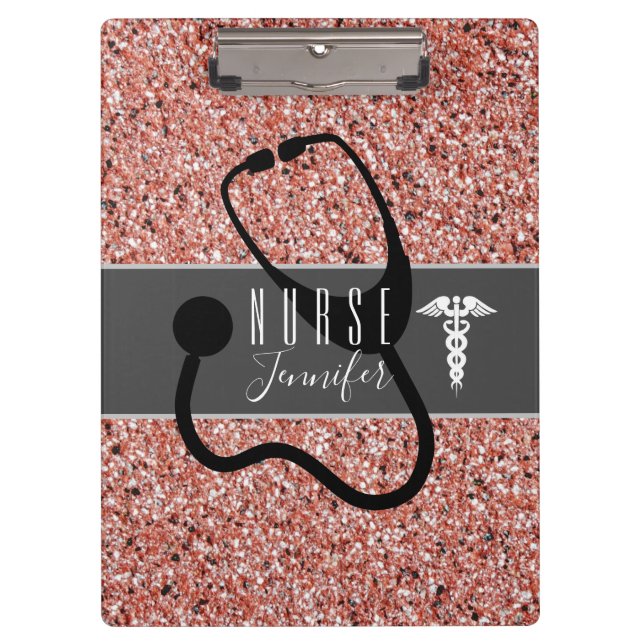 Nurse Medical Caduceus Stethoscope Rose Glitter Clipboard (Front)