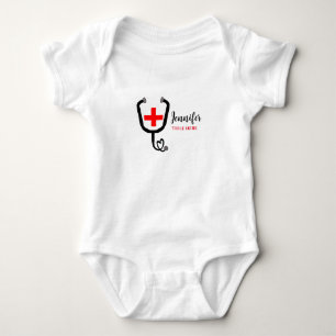 Nurse medical doctor red plus stethoscope add name baby bodysuit
