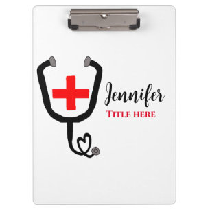 Nurse medical doctor red plus stethoscope add name clipboard