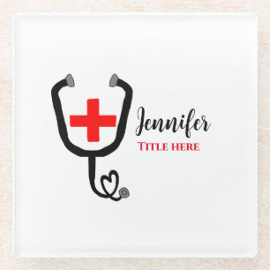 Nurse medical doctor red plus stethoscope add name glass coaster