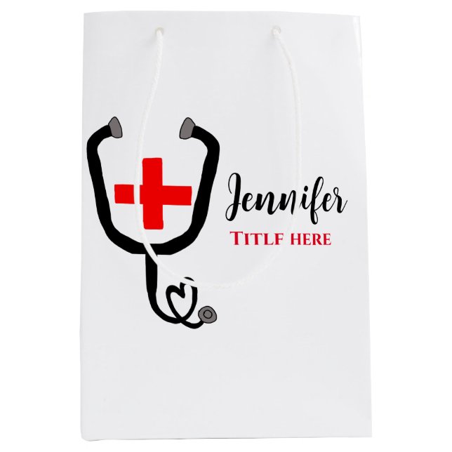 Nurse medical doctor red plus stethoscope add name medium gift bag (Front)
