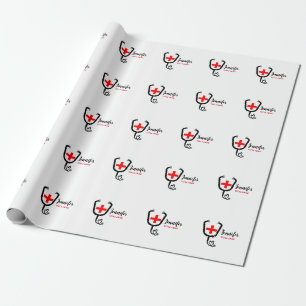 Nurse medical doctor red plus stethoscope add name wrapping paper
