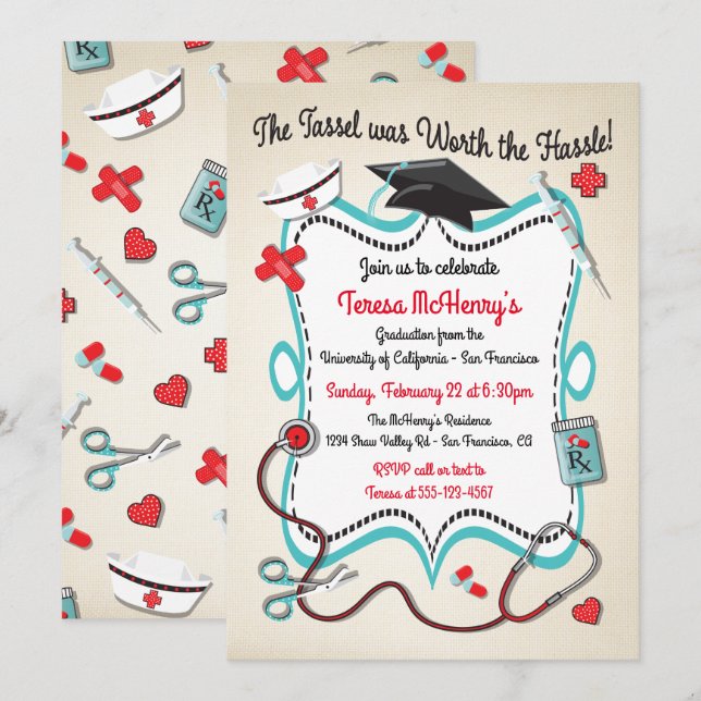 Nurse Medical Graduation Invitation with icons (Front/Back)