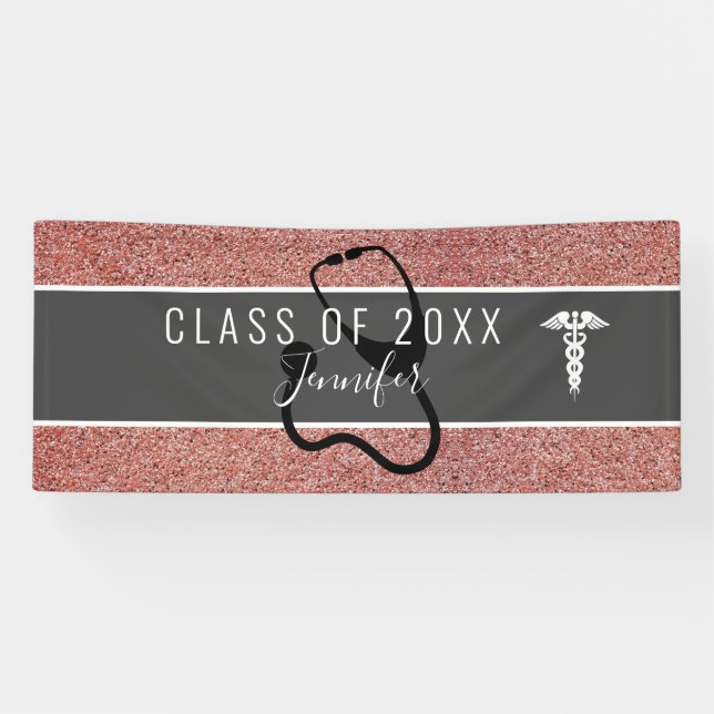 Nurse Medical Rose Gold Glitter Graduation Party Banner (Horizontal)