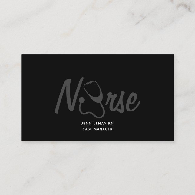Nurse Medical Stethoscope Black Grey Script Business Card (Front)