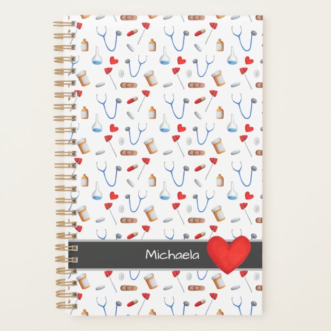 Nurse Medicine Equipment Pattern Red Heart  Planner (Front)