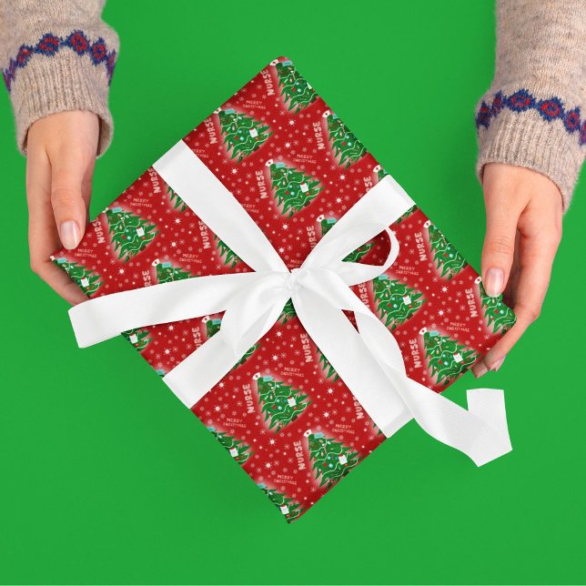 Nurse Merry Christmas Tree Red Background Wrapping Paper (Creator Uploaded)