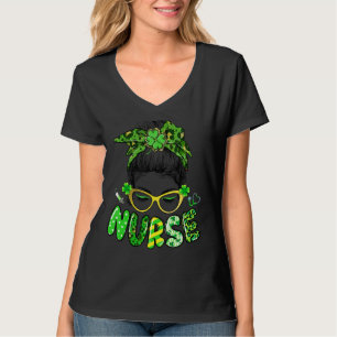Nurse Messy Bun Hair Nurse Life Stethoscope St Pat T-Shirt