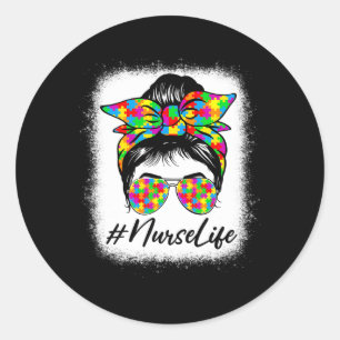Nurse Messy Bun Women Supporting Autism Awareness Classic Round Sticker