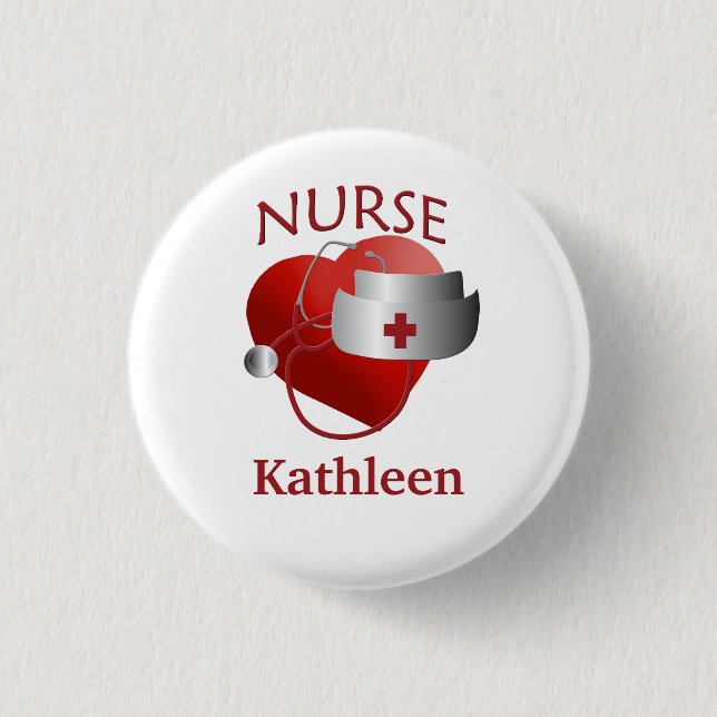 Nurse Name RN Round Heart Button (Front)