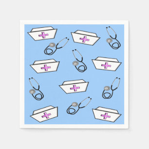 Nurse Napkins Caps and Stethoscopes Blue