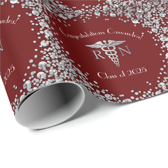 Nurse Nursing School Graduation Maroon Silver Wrapping Paper (Roll Corner)