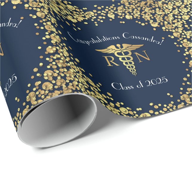 Nurse Nursing School Graduation Navy Blue Gold Wrapping Paper (Roll Corner)