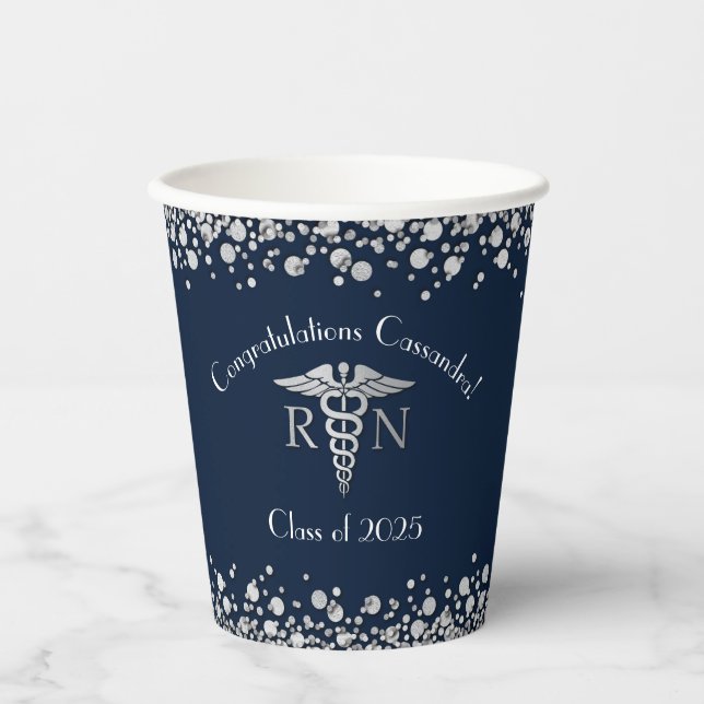 Nurse Nursing School Graduation Navy Blue Silver Paper Cups (Front)