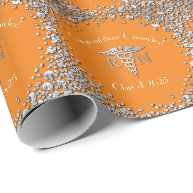 Nurse Nursing School Graduation Orange Silver Wrapping Paper (Roll Corner)