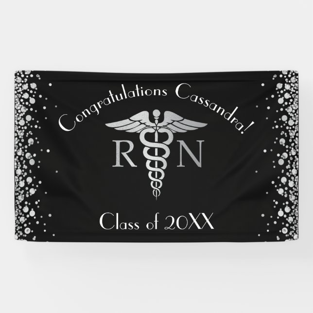 Nurse Nursing School Graduation Party Black Silver Banner (Horizontal)