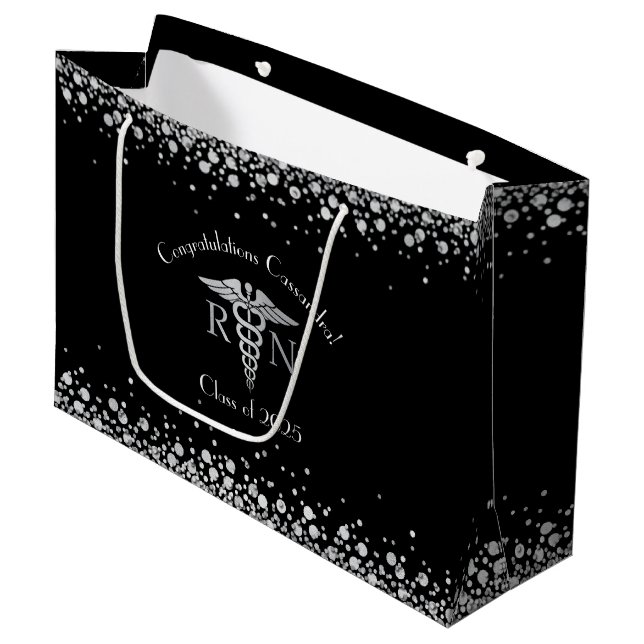 Nurse Nursing School Graduation Party Black Silver Large Gift Bag (Front Angled)