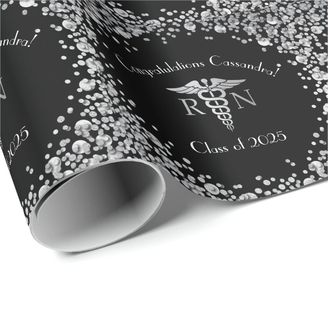 Nurse Nursing School Graduation Party Black Silver Wrapping Paper (Roll Corner)